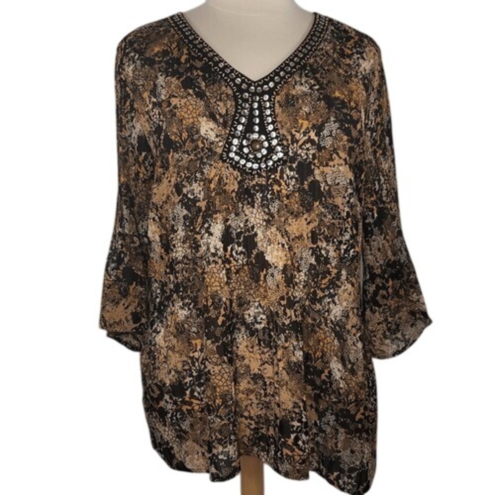 Avenue Brown, Black, Gold Floral Sheer Embellished Blouse